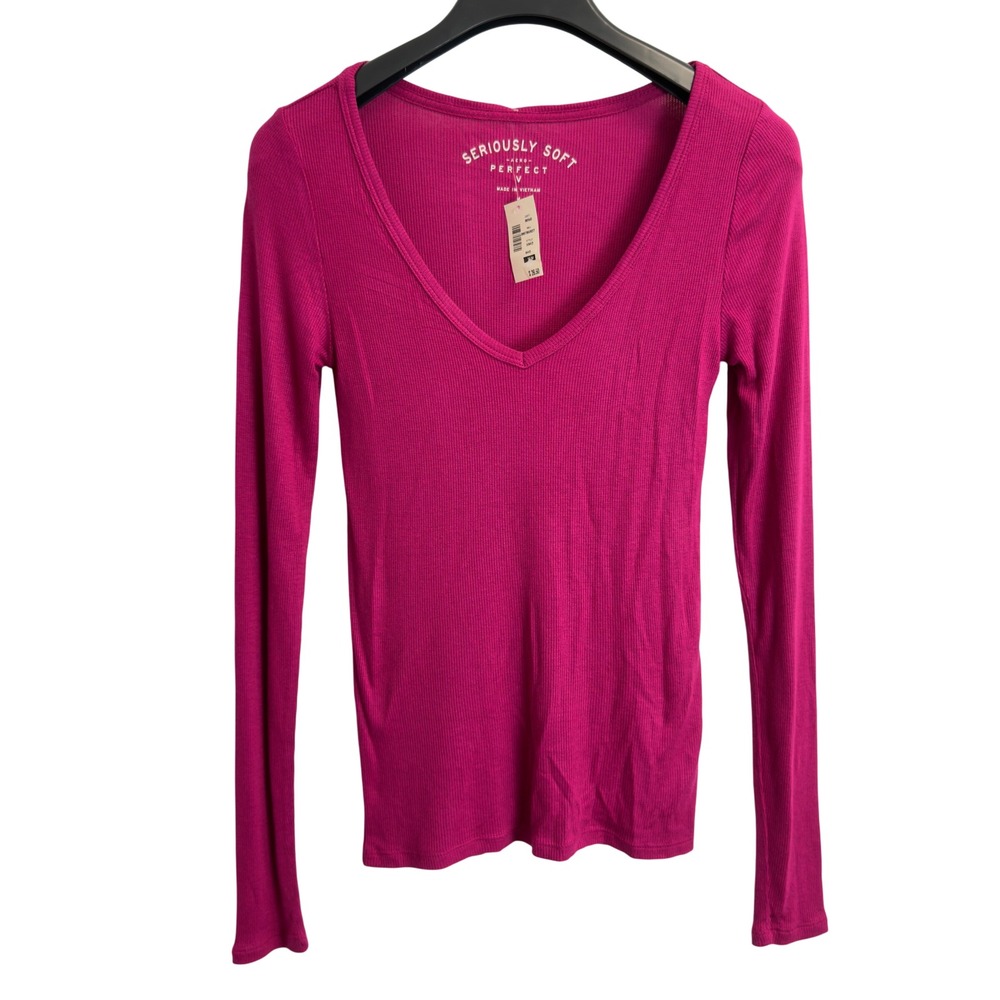 Aeropostale Seriously Soft Perfect V-Neck Long Sleeve Ribbed Top Magenta Pink M